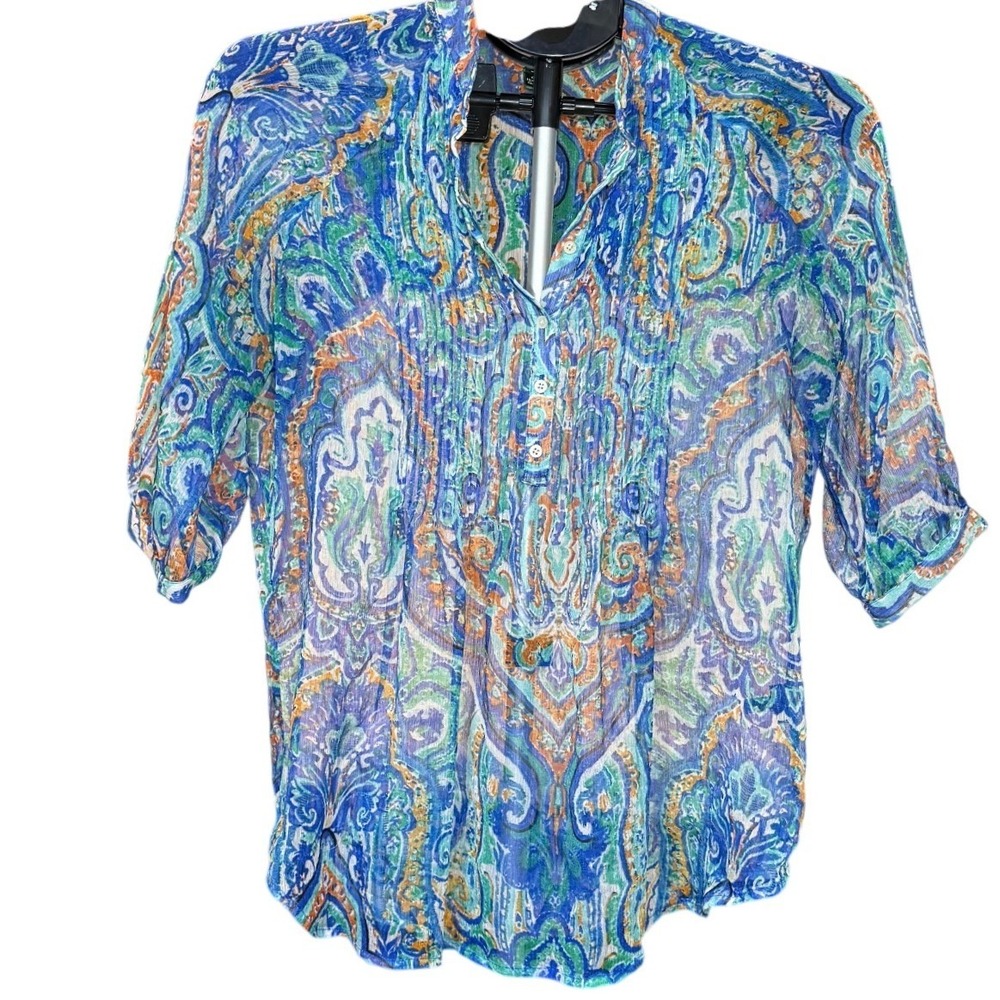 Lauren Ralph Lauren Petite Blue Green Paisley Pintuck V-Neck Blouse Size PM